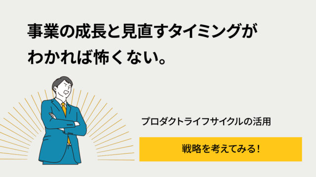 事業の成長とタイミングの見直しを促す日本語キャッチコピーと、青いスーツの男性イラストのヘッダー画像。