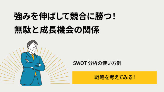 強みを伸ばして競合に勝つ!無駄と成長機会の関係という見出しと、青いスーツの男性イラスト(クロスアーム)と黄色のCTAバー。