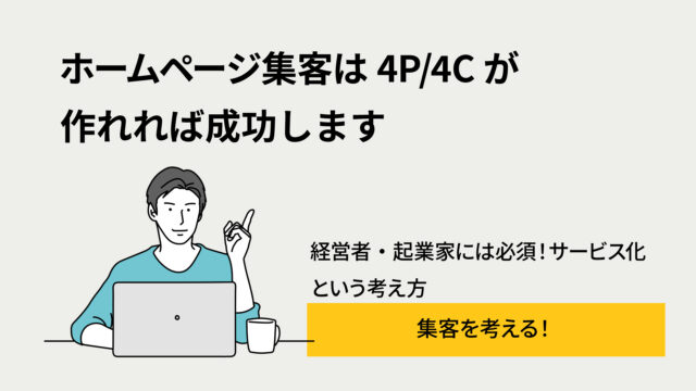 「ホームページ集客は4P/4Cが作れれば成功します」というメッセージと、ノートPCを前にした男性のイラスト、右下の黄色CTA「集客を考える!」を含むウェブページ風の画像です。