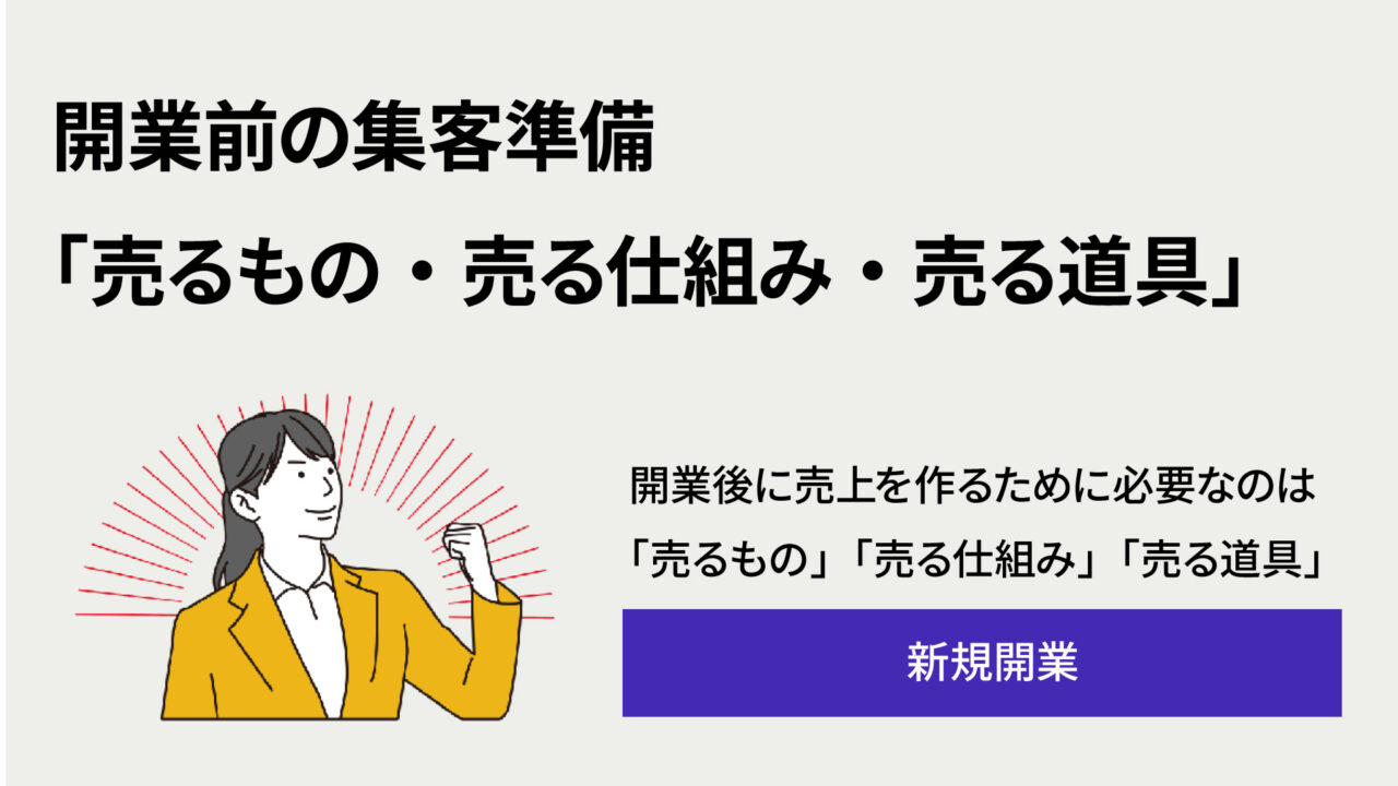 開業前の集客準備を伝える見出しと、黄のジャケットを着た自信に満ちた女性のイラスト